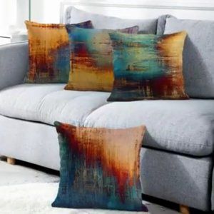 4 Abstract Art Orange Blue Soft Velvet Pillow Covers 18x18 Square Zip New Set #1